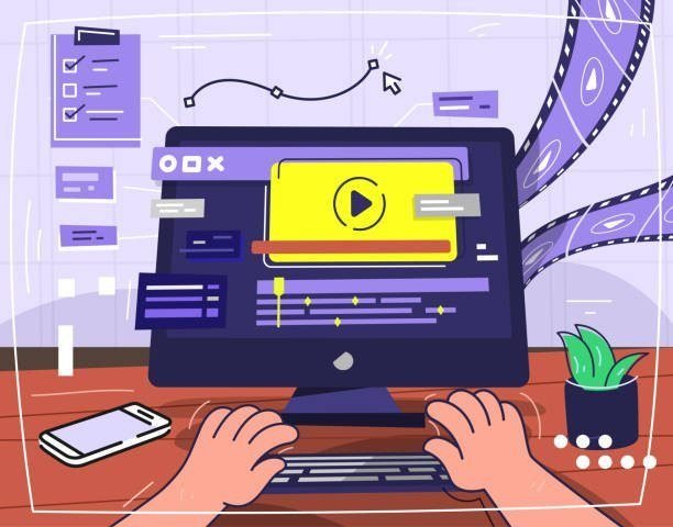 Flat vector illustration of a pair of hands doing creative work of video editing.